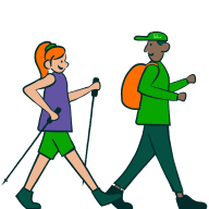 Illustration of two people hiking with backpack and walking poles