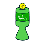 Illustration of a green Felix donation box