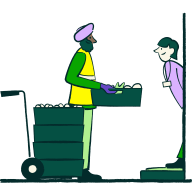 lllustration of a man delivering crates of food to a person at the door