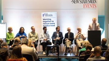 The panellists for the New Statesman event held at the 2026 Labour Party Conference are seated in a line on a small stage