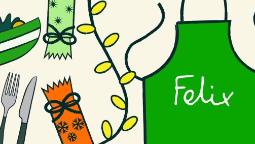 Graphic with a green apron with Felix logo alongside food and festive icons