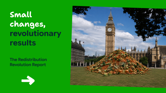 Image of parliament with mound of food in in parliament square, and captioned "Small changes, revolutionary results. The Redistribution Revolution Report