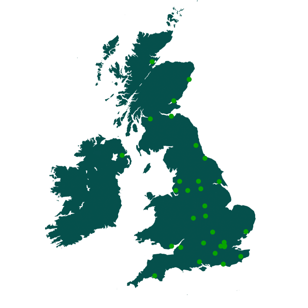 Green map of UK with dots representing the different Felix locations