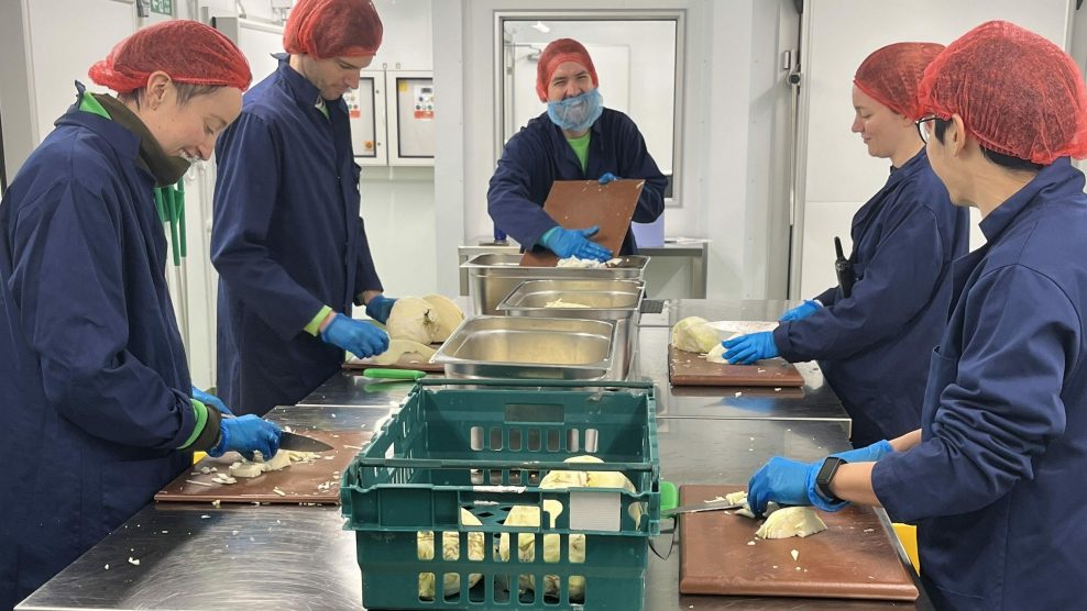 Group of people stood chopping vegetables wearing PPE