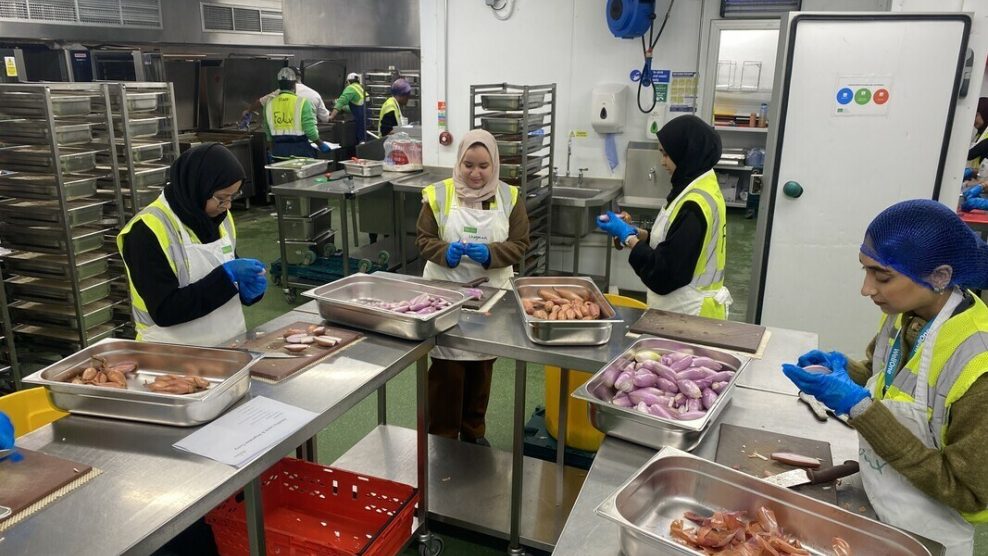 Group of woman preparing vegetables in industrial kitchen