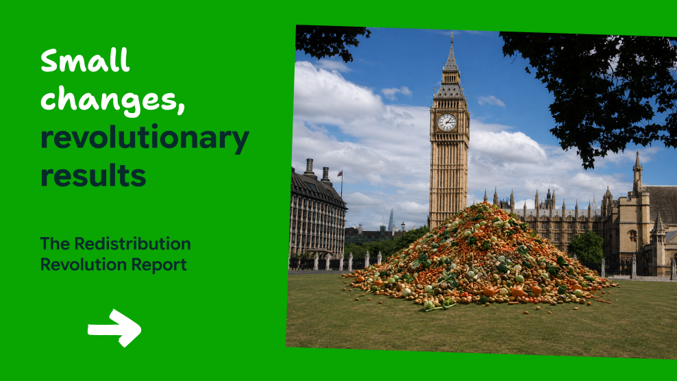 Image of parliament with mound of food in in parliament square, and captioned "Small changes, revolutionary results. The Redistribution Revolution Report