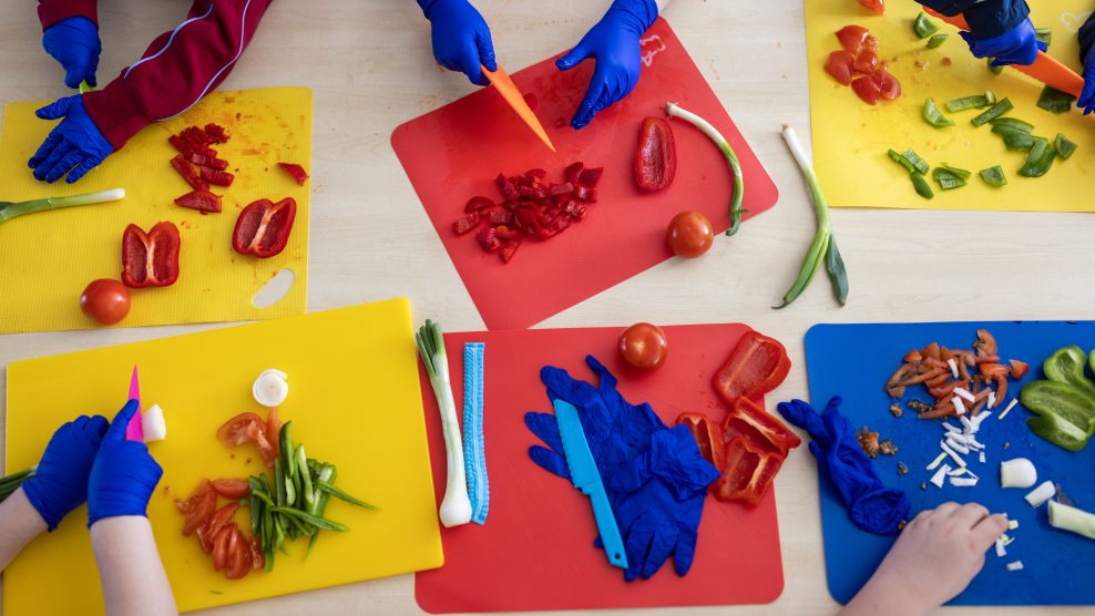 Six colourful chopping boards with children chopping vegetables