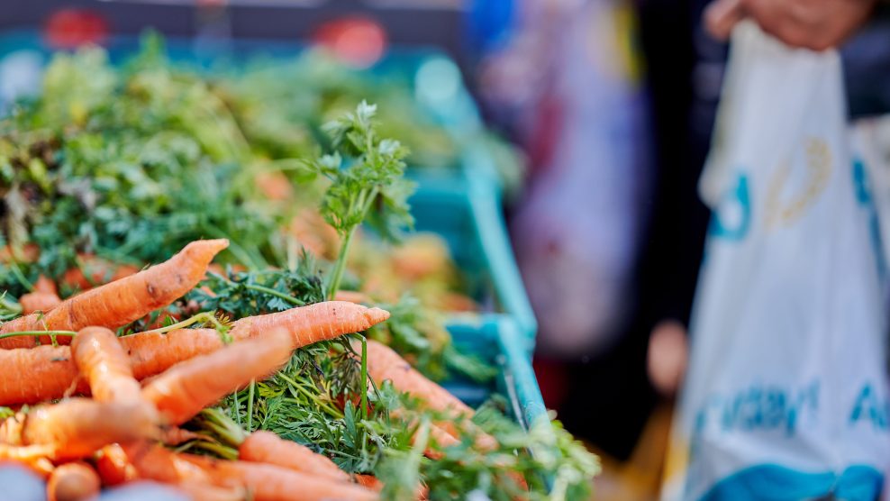 Crates of fresh carrots with stems at a market stall