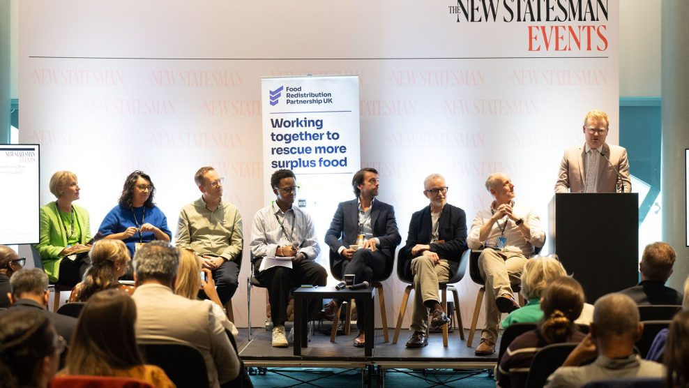 The panellists for the New Statesman event held at the 2026 Labour Party Conference are seated in a line on a small stage